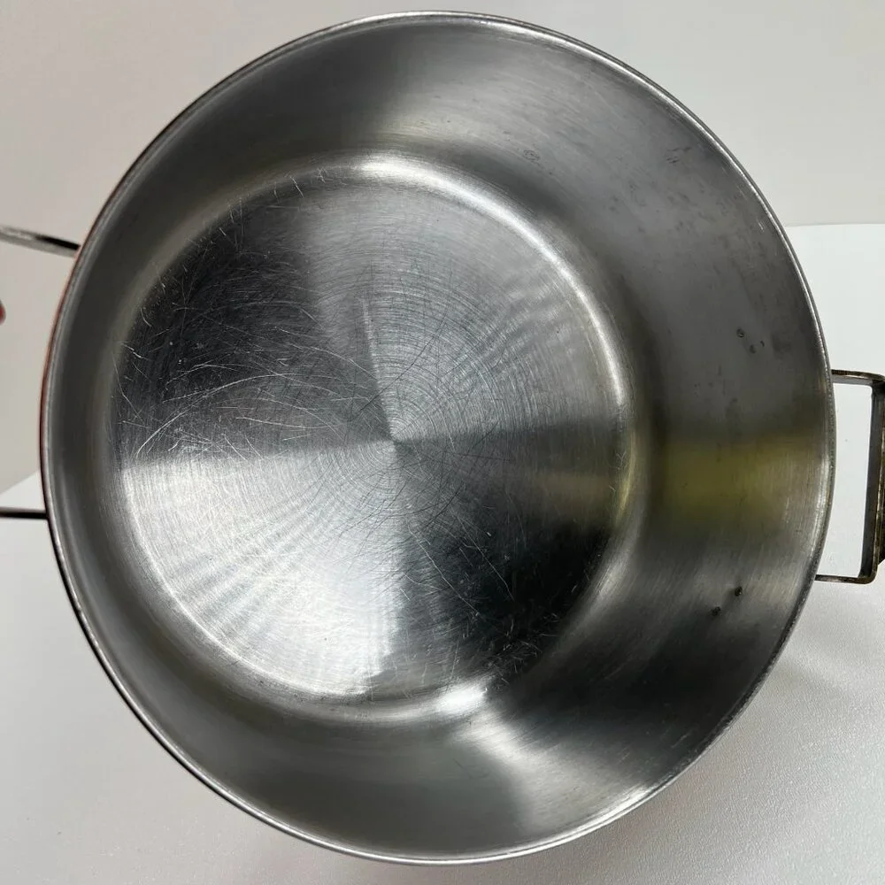 Vintage Copper Pot Stainless Steel Lined 9" Casserole Dual Brass Handles - Picture 7 of 11